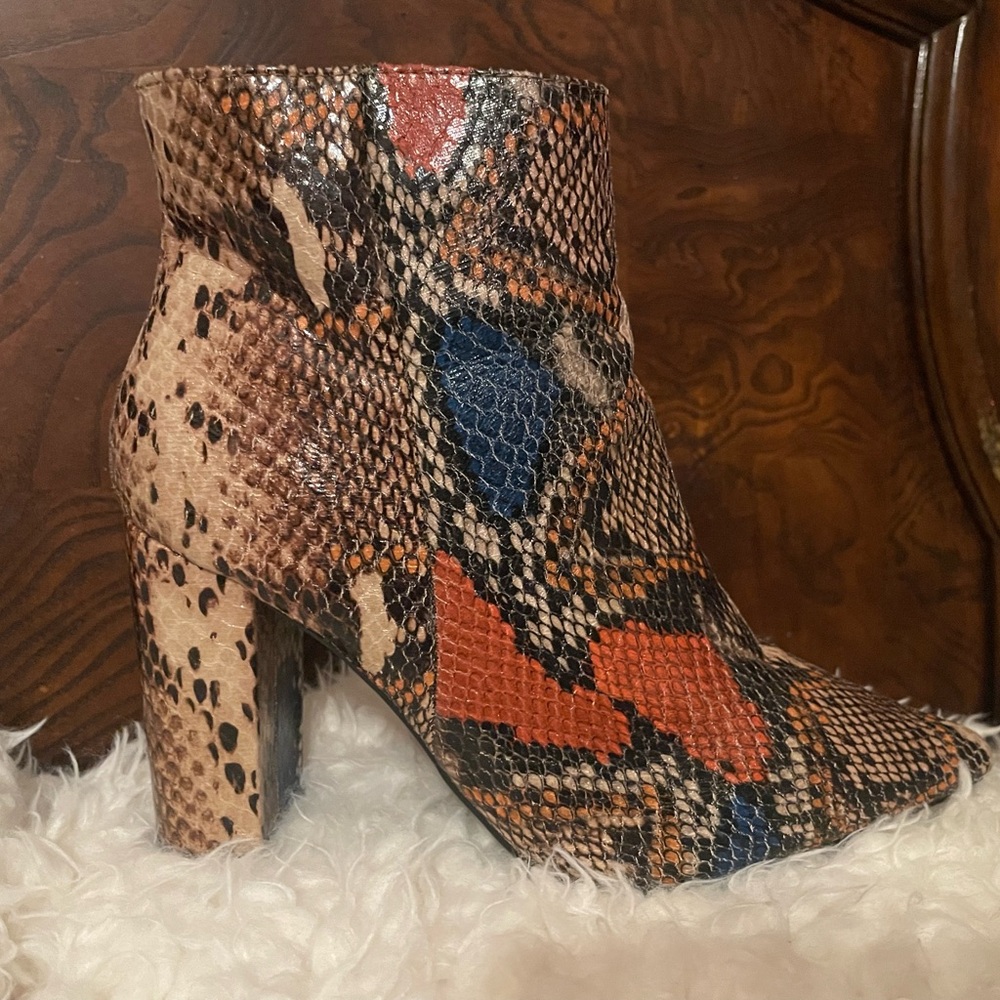 BAMBOO Multicolor Snake-Print Ankle Booties in Orange, Blue & Tan